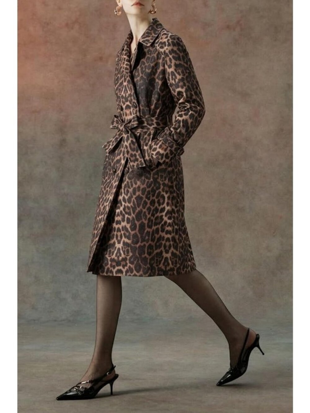 Women's Leopard Polyester Long Sleeve Classic Cuffs Pockets Trench Coat Jackets - Picture 3 of 7